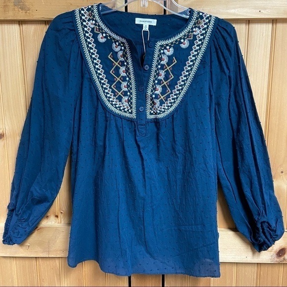 Max Studio Indigo Blue Boho Embroidered Peasant Flowy Blouse, XS - Picture 12 of 12